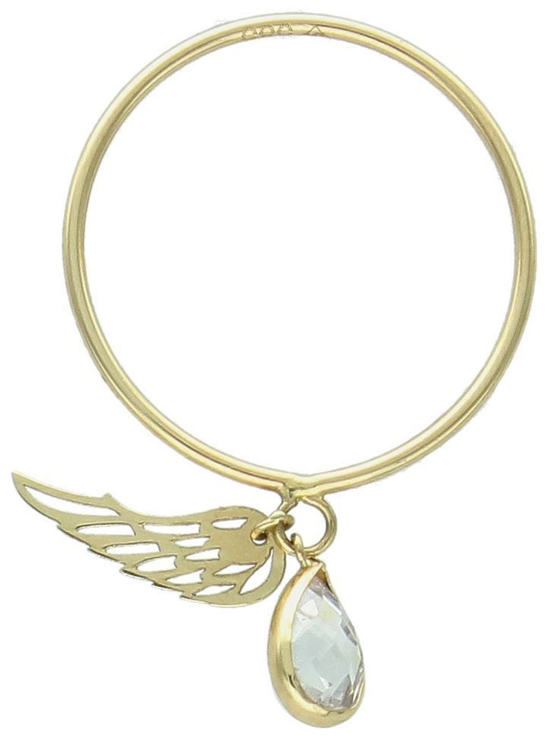 Złoty pierścionek damski 585 z wiszącym skrzydełkiem i cyrkonią w kształcie łezki. Pierścionek wykonany z białego14 karatowego złota. Złota delikatna obrączka z wiszącymi elementami.1.jpg